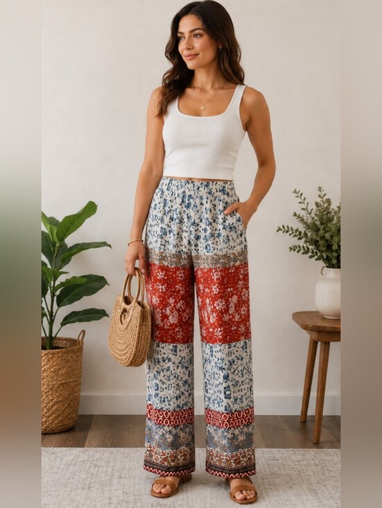 Zara Pants - Zara Boho Straight Leg Palazzo Pants S Patchwork Floral Festival Coastal Flowy